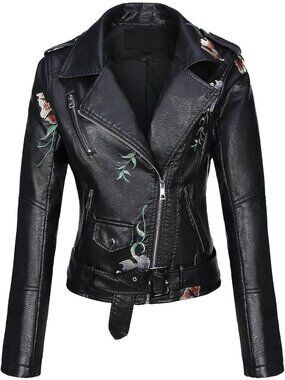 Women’s Black Floral Faux Leather Bomber Jacket, Moto Biker Coat